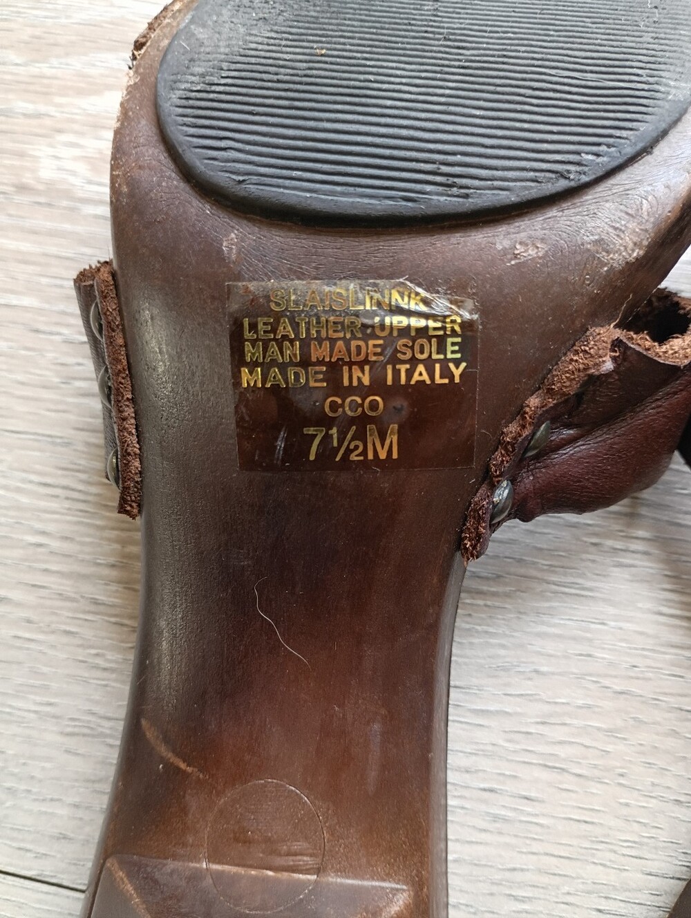 Slaislinnk Leather Upper Wooden Sandal Women Sz 7.5 M Made in Italy Brown Heels - Picture 11 of 11